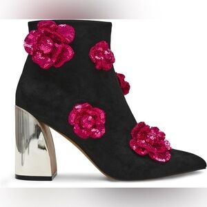 Elegant Black Ankle Boots with Pink Floral Accents